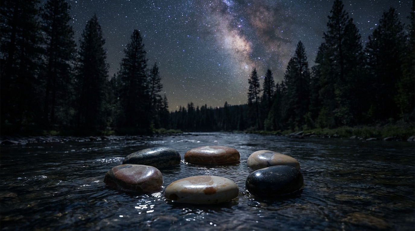 Six stones in an Oregon river under the stars